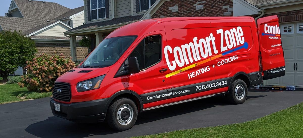 Comfort Zone Service work van providing AC repair services in Mokena, IL.